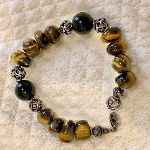 Black and Brown Tigers Eye Cabochon and Sterling Silver Filigree Bead Bracelet - Picture 1 of 4